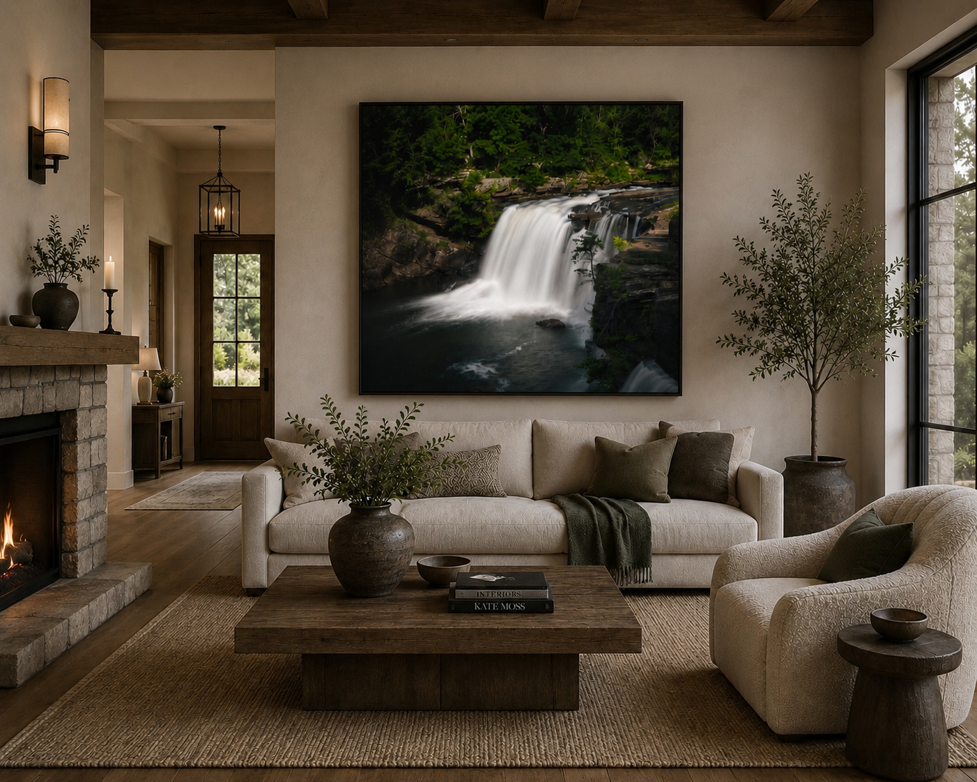 Little River Canyon waterfall long exposure photography print shown as square framed artwork in a warm modern living room by Dan Sproul